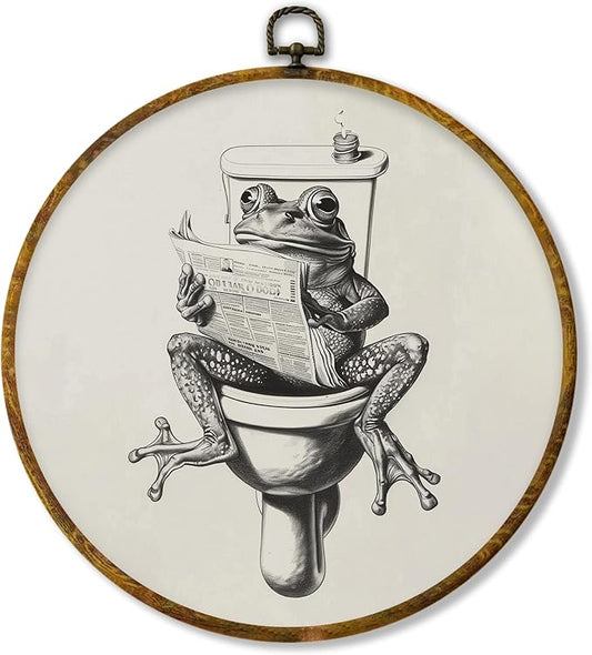 Hiuwevt Funny Frog Bathroom Round Wall Art Decor, Animal Bathroom Framed Canvas Prints, Frog Reading Newspaper Round Wall Hanging Decor for Bath Room Toilet Washroom Decorations, 10x10 Inches