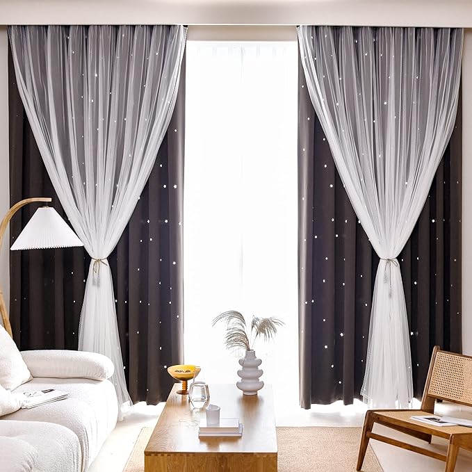 Kinryb Kids Blackout Curtains for Bedroom/Living Room/Classroom, Sheer Overlay 2 Free Tiebacks, Double Layer Curtains with Star Cutout for Kids Room(Each Piece W 70 x L 84 Inches 2 Pcs Chocolate)