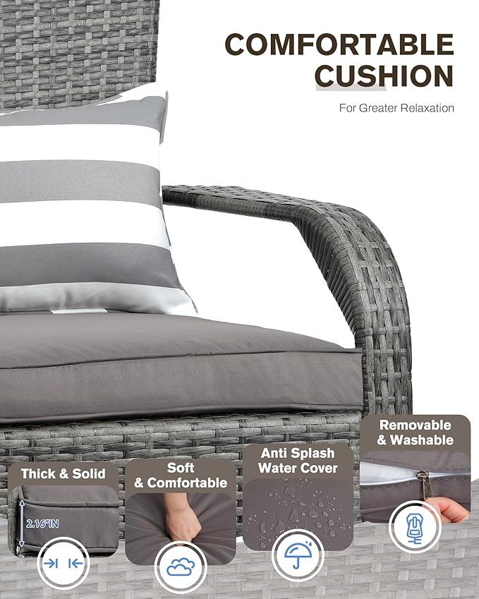 Outdoor Rocking Chair- Outdoor Rattan Rocker Chair with Heavy-Duty Steel Frame- All Weather Rocker Chair for Garden, Porch, Poolside, Backyard (Grey, 320lbs)