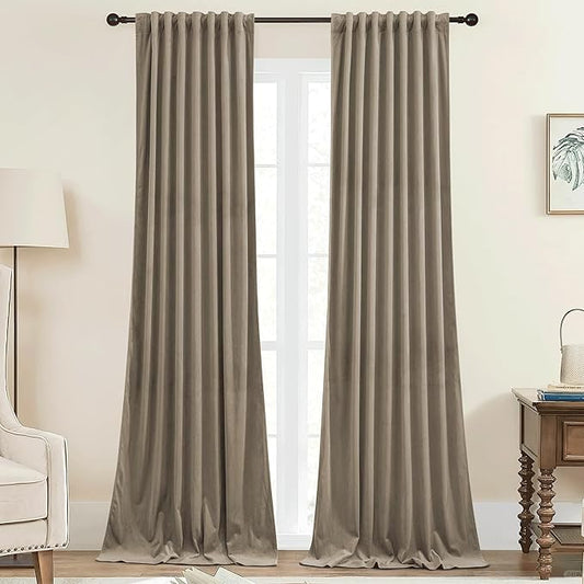 StangH Camel Beige Velvet Curtains 84 Inch Length - Back Tab Light Blocking Thermal Insulated Doorway Drapes for Bedroom Living Room, Ensures Privacy & Comfort, W42 x L84, 2 Panels