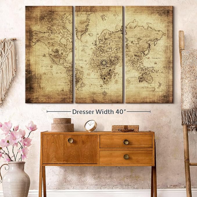 ElephantStock Ancient World Map Wall Art Multi Piece Canvas - 3 Piece Canvas World Map Wall Decor - Wall Decor - Ready-to-Hang Print - Vintage Wall Art - 57" X 36"
