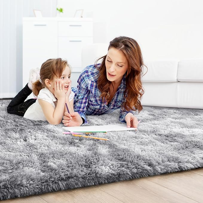 EVOIONOS Area Rug for Bedroom Living Room, Machine Washable 4x6 Fluffy Shag Rug, Soft Plush Non Slip Carpet for Indoor Floor Bedside Nursery Kids Room, Dorm, Home Decor Aesthetic, Tie-Dyed Light Grey