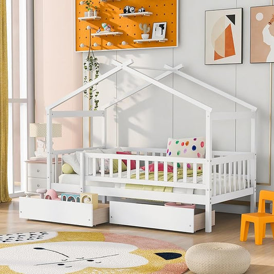 Merax Twin Size Wooden House Bed with Two Drawers, Wood Bed Frame with Roof and Safety Guardrail for Kids, Teens, Boys or Girls, White