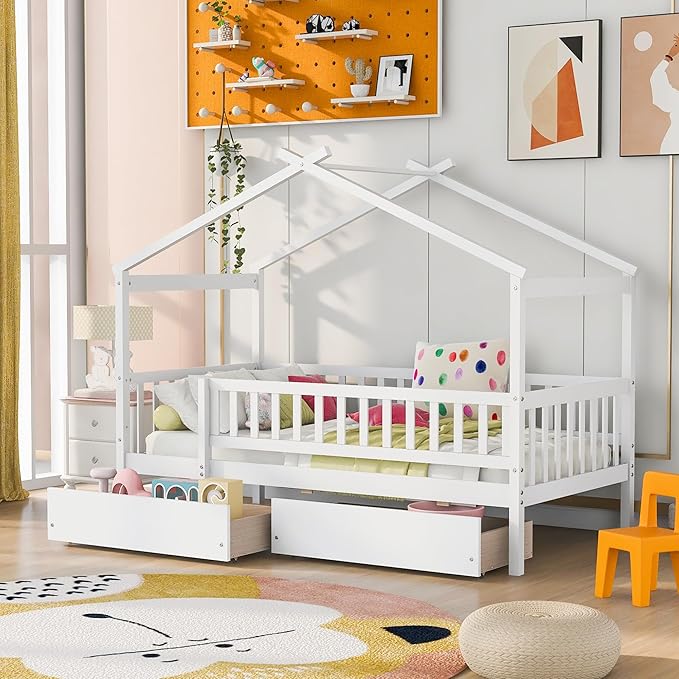 Aoowow Twin Size House Bed with Storage Drawers,Kids Wooden Bed Frame Twin House Bed with Slats and Fence for Boys Girls Teens for Bedroom(White)