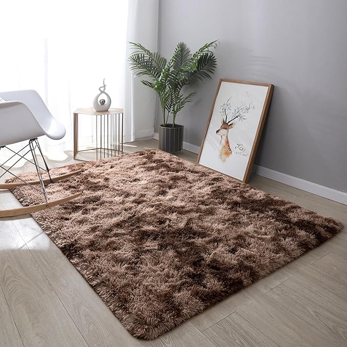DweIke Fluffy Brown Rugs for Bedroom Living Room, 5x8 Feet Soft Plush Shaggy Tie-Dyed Dark Coffee Girls Boys Kids Rug, Upgraded Non-Slip and Machine Washable Carpet for Dorm Nursery Classroom Decor