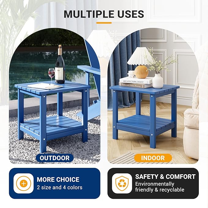 UDPATIO 2-Tier Side Table, 19x16x17.8 in, Blue, Adirondack End Table, Indoor & Outdoor Use