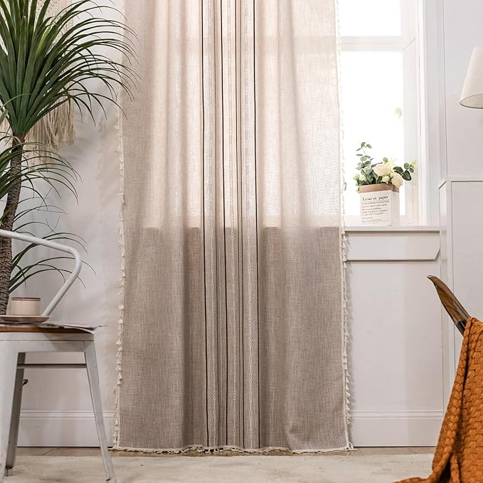 Deeprove Boho Style Curtains 96 inches Long, Vintage Bohemian Embroidery Striped Farmhouse Cotton Linen Fringe Window Treatments Bedroom Living Room Nursery, W52 x L96, 1 Panel Khaki and Brown