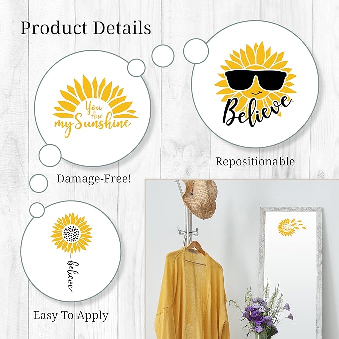 Cheerful Sunflower Wall Decals - Set of 4 Yellow Vinyl Sunflower Stickers for Bathroom Mirror Bedroom Kitchen Dorm Apartment Peel and Stick Home Decor