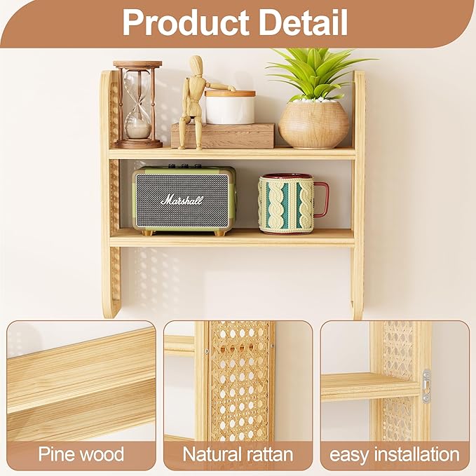 2-Tier Rattan Shelf, Natural Rattan Bookshelf Wall Mounted, Handmade Woven Display Shelf, Decorative Boho Shelves for Entryway, Nursery, Kitchen, Bathroom, Living Room
