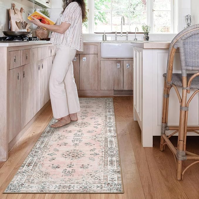 Lahome Pink 2'6"x8' Runner Rugs for Hallway, Europe Vintage Floral Print Washable Runner for Kitchen Bathroom Entryway, Faux Wool Non-Slip Stain Resistant Mat for Floor Protection