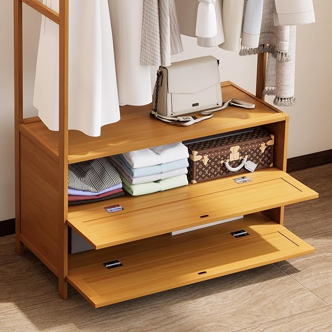 Clothing Rack with Shelves,Bamboo Clothes Rack,Natural Clothes Rack Hanging,Drawers Hanging Rack,Garment Rack with Shelves(27.6inch Width Natural)