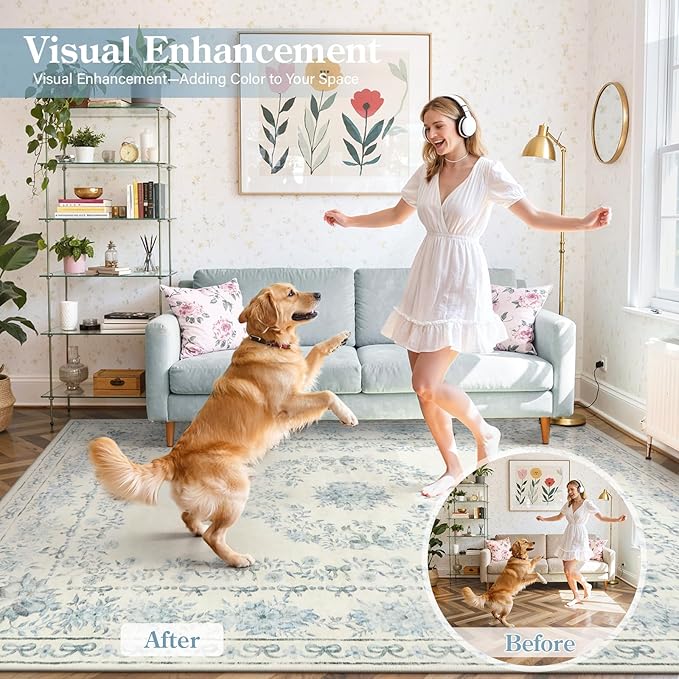 Wonnitar Bow Floral 5x7 Washable Rug, Blue Area Rug for Kids Room, Ultra-Thin Non Slip Soft Neutral Aesthetic Decor Carpet for Living Room Farmhouse Dining Room Office Playroom