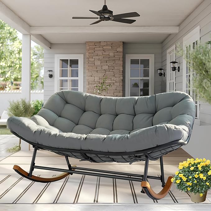 Double Papasan Rocking Chair Outdoor & Indoor, Oversized Rocking Reclining Loveseat with Thick Cushion and Frame, 660LBS Capacity Rocking Egg Chair for Patio Porch Living Room, Gray