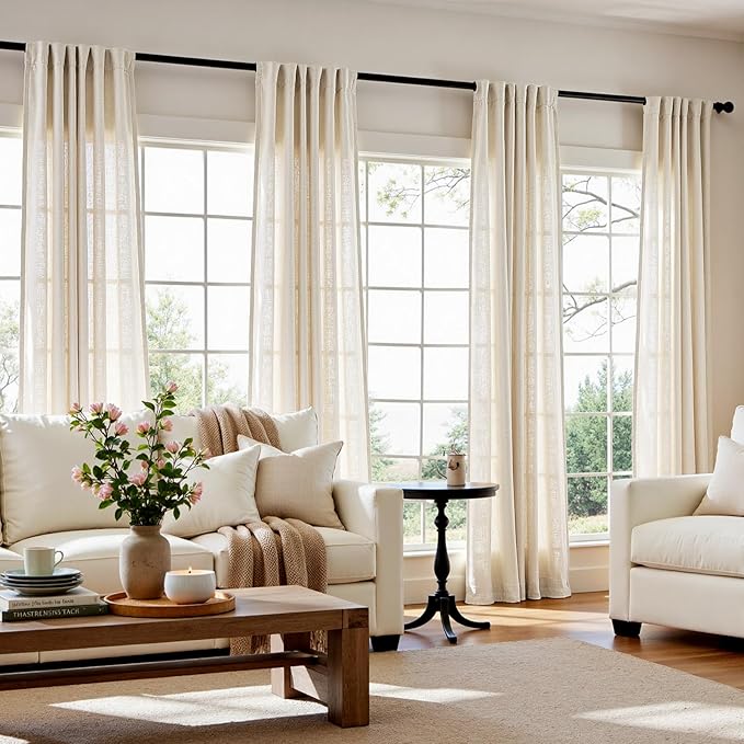 jinchan Beige Linen Blend Curtains 108 Inches Extra Long 2 Panels for Bedroom Living Room, Light Filtering 50 Inches Wide Natural Farmhouse Drapes with Rod Pocket Back Tab (50W x 108L, Ecru)