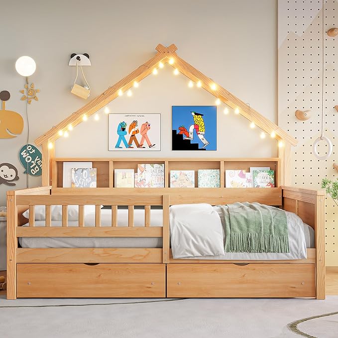 Merax Full Size House Platform Bed with Storage Drawers, Full Toddler Bed with LED Light and Guardrail, Sturdy Wood Frame Support, House Platform Bed with Roof Design for Kids, No Box Spring,Natural