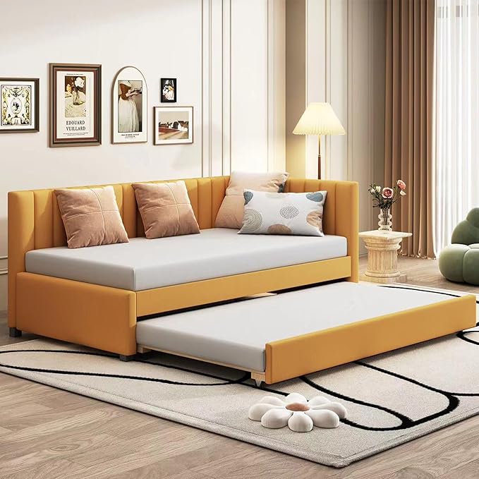 Harper & Bright Designs Upholstered Daybed with Trundle Twin Size Sofa Bed Frame No Box Spring Needed, Linen Fabric(Yellow)