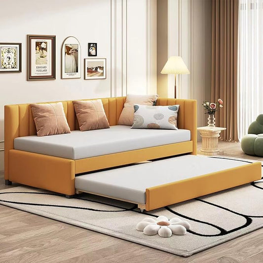 Harper & Bright Designs Upholstered Daybed with Trundle Twin Size Sofa Bed Frame No Box Spring Needed, Linen Fabric(Yellow)