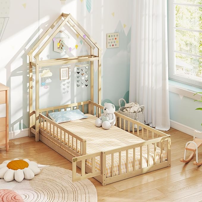 MAT EXPERT Twin Floor Bed with House-Shaped Headboard, Montessori Kids Bed with Detachable Clothes Hanger, Full Length Safety Guardrails, Solid Wood Twin Bed Frames for Kids (Natural)