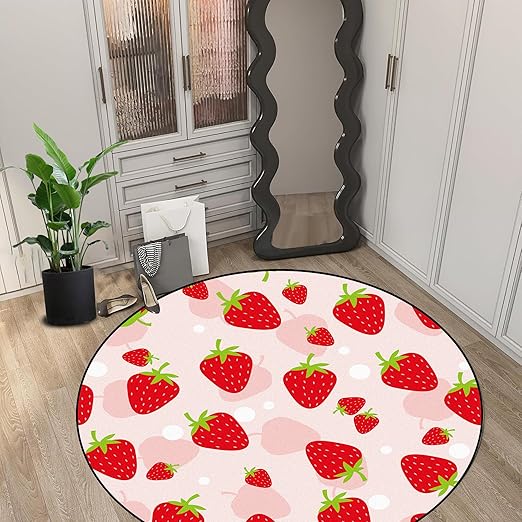 4Ft Strawberry Round Rug Kwaii Pink Circle Rugs for Bedroom Dorm Living Room Cute Area Rug Floor Mat Pad Doormat Carpet, 4'X4'(120x120cm)