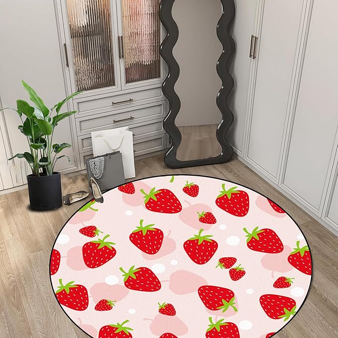 5Ft Strawberry Round Rug Kwaii Pink Circle Rugs for Bedroom Dorm Living Room Cute Area Rug Floor Mat Pad Doormat Carpet, 5'X5'(150X150cm)