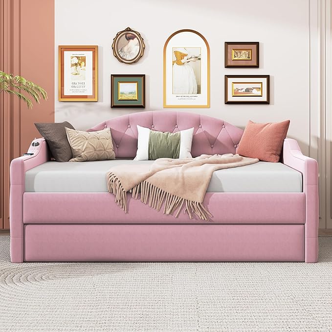 Bellemave Twin Size daybed Frame with Trundle for Adults, Kids, Girls, Teens, Tufted daybeds with Trundle for Living Room, Velvet, (Mattress not Included), Pink