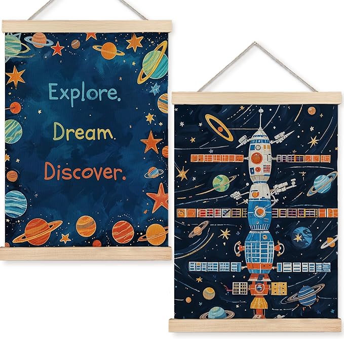 URLLUAE Space Exploration Motivational Wall Art Posters for Kids Room, Inspirational Outer Space Planet Poster Hanger Frame for Boys Bedroom Classroom Nursery Playroom Wall Decor, 12x16 Inch Set of 2