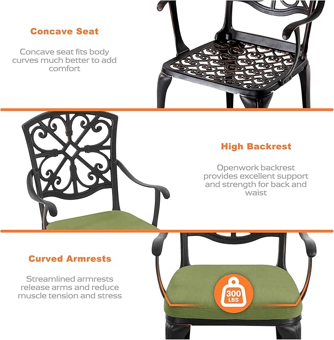 NUU GARDEN 3-Piece Outdoor Bistro Set with Cushions, Round 24 Inch Cast Aluminum Round Table with 1.77" Umbrella Hole and 2 Cast Aluminum Armchairs with Cushions, Black with Gold-Painted Edge
