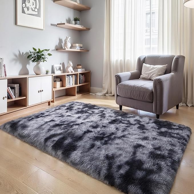 Thick Area Rug Dark Grey Fluffy Shag 6x9 for Bedroom Living Room Ultra Soft Plush Fuzzy Washable Thickened Non-Slip Carpet, Comfy Shaggy Furry Rug for Kids Baby Nursery Dorm, Tie-Dye Gray