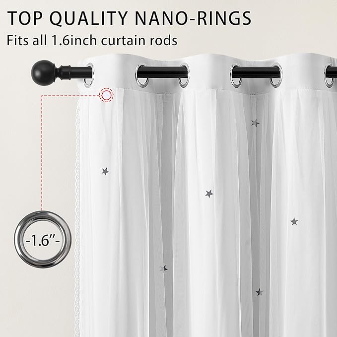 XiDi White Curtains 96 Inches Long for Girls Bedroom Living Room Darkening Privacy Double Layer Curtains with Sheer Overlay for Kids Toddler Princess Nursery Room Decor Grommet Window Drapes W52 X L96