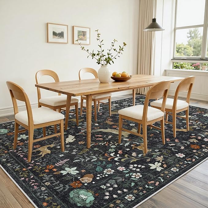 8x10 Area Rugs for Living Room Floral Animal Print Carpet Washable Non-Slip Large Rug Low Pile for Indoor Bedroom Dining Room Nursery Home Office Farmhouse Kids Play Room Black