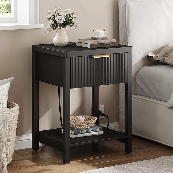 Lulive Modern Black Night Stand, Fluted Nightstand with Charging Station, Wood Modern Bedside End Table with Storage Drawer for Bedroom, Save Space (Set of 1, Black)