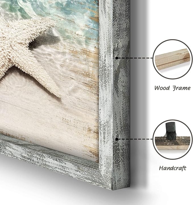 Coastal Framed Wooden Wall Art: Beach Art Ocean Prints Set of 4 Starfish Pictures Seascape Artwork for Living Room Overall 48"W x 32"H