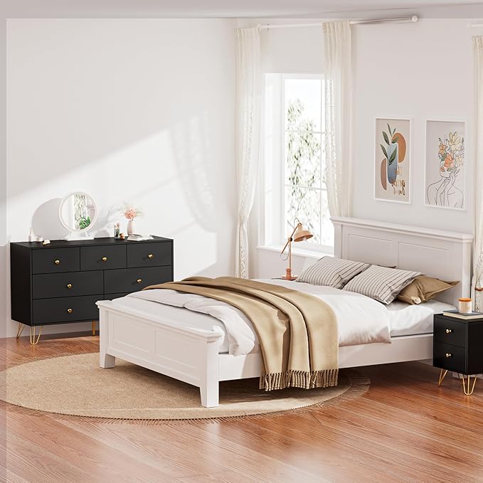 Black Dresser for Bedroom, Modern 7 Drawer Dresser with Gold Handles and Metal Legs, Black and Gold Dressers & Chest of Drawers for Hallway, Entryway