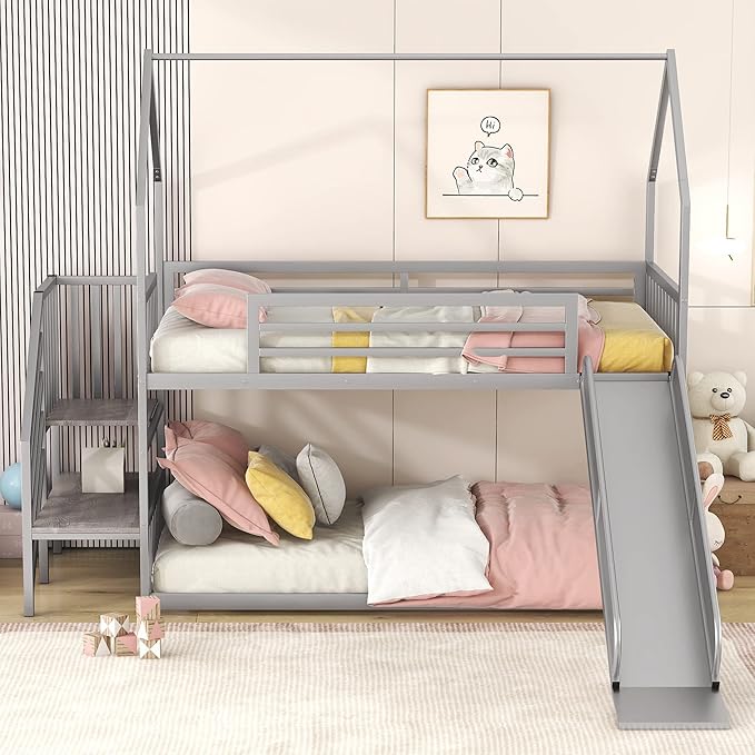 MERITLINE Metal Bunk Bed Twin Over Twin Bunk Bed Frame with Slide and Stairway,Twin Over House Bed with Guardrails