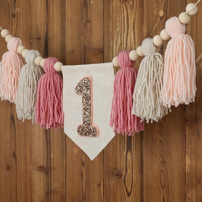 Handmade Boho Pink 1st Birthday High Chair Banner First Highchair Banner For Baby Girls Wall Hangings Wood Bead Tassel Garland 1 Birthday Party Decorations Cake Smash Photo Props