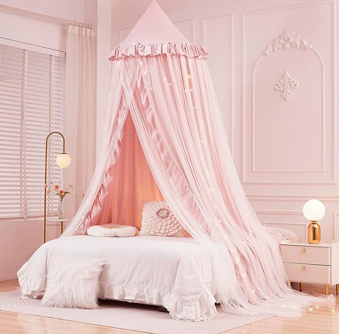 Mengersi Bed Canopy for Girls,Princess Round Dome Canopy Bed Curtains-Dreamy Mosquito Net Castle Play Tent Castle for Girls Room Decor (Beige Pink/Double)