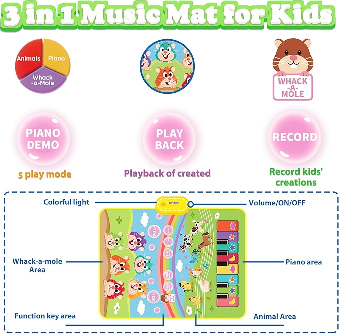 MOMUSE 3-in-1 Floor Piano Mat for Kids, Whack-a-Mole Game Music Play Mat with 30 Sound & Function Keys, Sensory Musical Toys for Baby Girls Boys Toddlers 1 2 3 4 5 6 Years Old