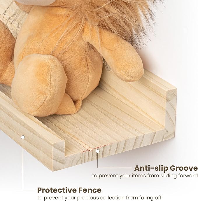 Fun Memories Picture Ledge Shelf, Pine Wood Floating Shelves Set of 2, 55 inch Nursery Book Shelves, Photo Ledge Book Shelves Wall Mounted for Living Room Kids' Room Bedroom - Natural