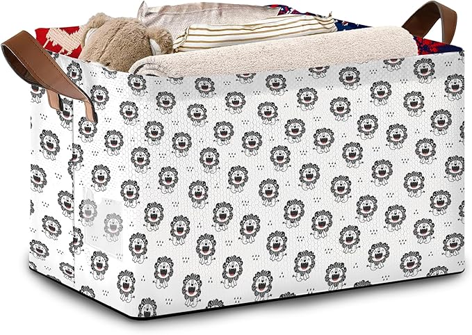 Wild Animal Storage Basket Large 17x11.5x10.5 Inche-Collapsible Fabric Organizer Bin with Handles for Nursery, Kids Room, Safari Theme-Decorative Hamper with Playful Lion Silhouette Design-Single Pack