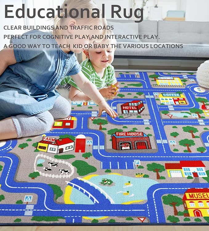 Kids Carpet Playmat Rug 5'0''x6'6'', Kids Rugs for Bedroom, Non-Slip Town City Road Map Car Rugs for Kids Toy Cars, Track Carpet Play Rug for Playroom Classroom Decor (Blue)