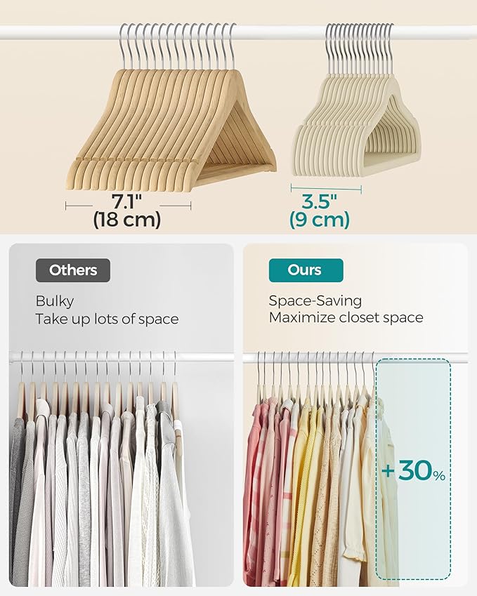 SONGMICS Baby Kids Hangers 50 Pack for Closet, 11.8 x 8.1 Inches, Silver 360° Swivel Hooks, Space-Saving Clothes Velvet Hangers for Nursery, Non-Slip, Summer Sand UCRF027K05