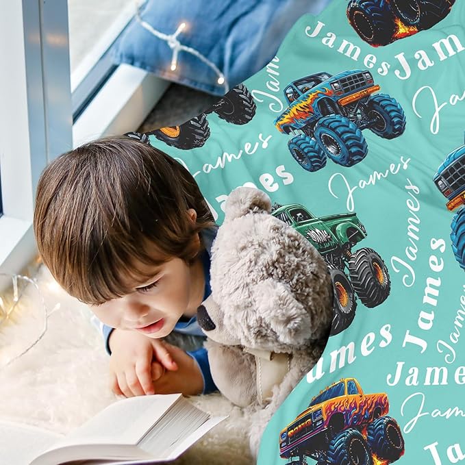 Ship Next Day, Personalized Truck Blanket - Printed in USA, Custom Name Blankets for Kids with Big Off Road Auto Vehicle Graphic, Home Bedding Decor, Fun Birthday Gift for Boys&Girls Women Man