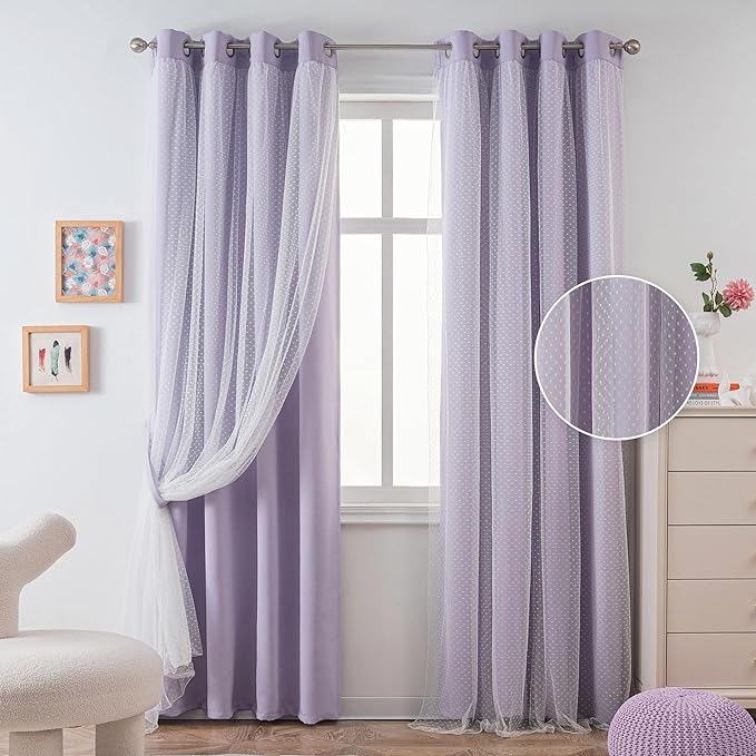 MYSKY HOME Cute Lilac Curtains for Girls Bedroom & Nursery Kids Purple Lavender Blackout 90 Inch Curtains Double Layer with Polka Dots Sheer, Grommet Tops, 52" Wide, 2 Panels