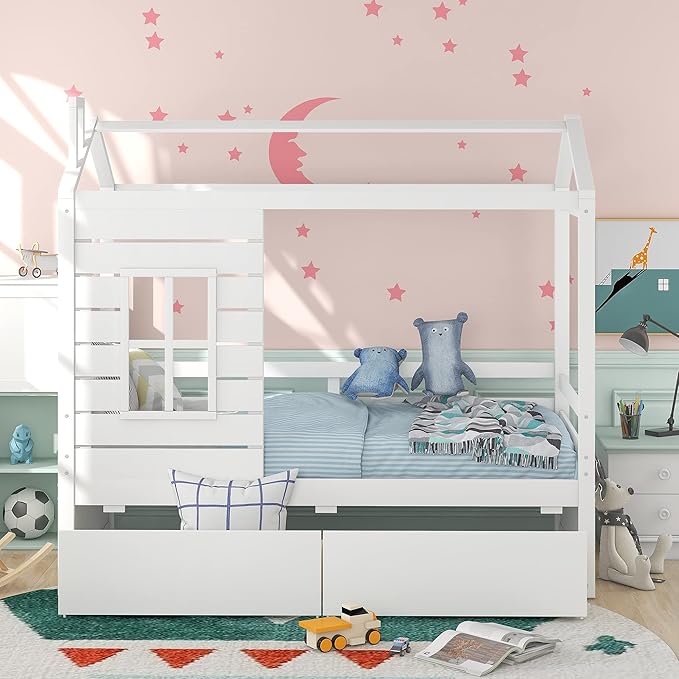 Merax House Bed with Two Drawers, Window and Roof, Twin Size Wood Storage Bunk Bed Daybed Can be Decorated for Girls, Boys (White)