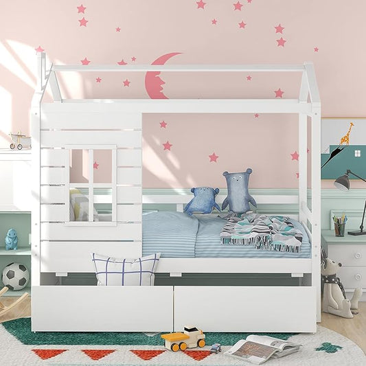 Merax Twin Size House Bed with 2 Drawers, Twin House Shaped Bed Frame for Boys Girls, Wooden Bed Frame Twin Size with Roof, No Box Spring Needed, White