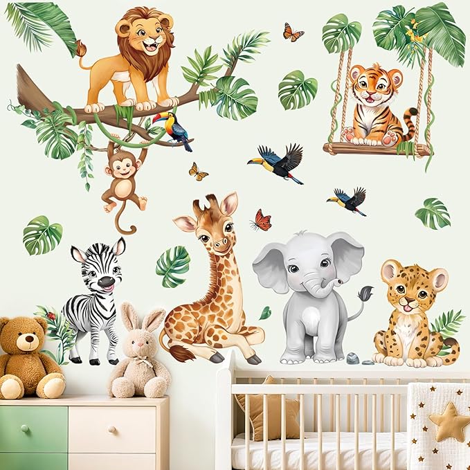 decalmile Safari Animals Wall Stickers Jungle Tree Branch Tropical Leaves Elephant Lion Wall Decals Baby Nursery Kids Bedroom Playroom Home Decor