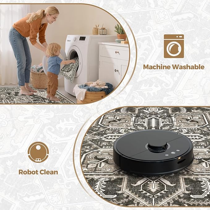 WITSHOCK 6Ft Round Black Washable Area Rug: Vintage Boho Non-Slip Low Pile Large Circle Carpet for Living Room Bedroom Kitchen Nursery Home Office, Foldable Soft Pet-Friendly Farmhouse Floral Décor