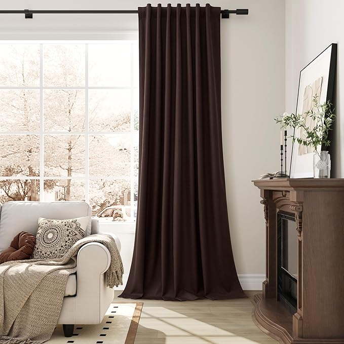 Guken Coffee Linen 100% Blackout Curtains for Bedroom 120 Inches Long Elegant Thick Light Blocking Thermal Insulated Back Tab Patio Curtains for Sliding Door Dining Room 2 Panels Set 52x120 10Ft