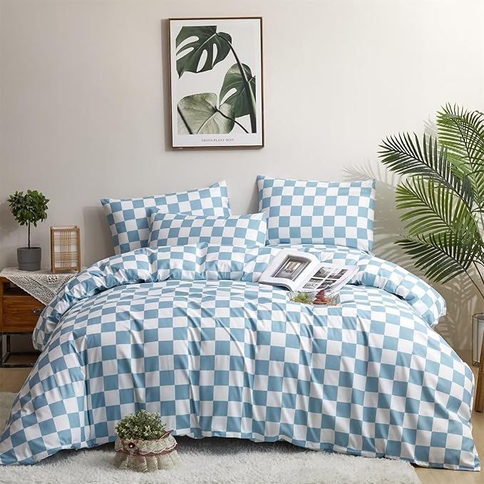 Houseri White Blue Plaid Duvet Cover King Light Blue Buffalo Checkered Bedding Duvet Cover King Size Women Men Modern Aqua Blue Checkerboard Water Blue Gingham Bedding Sets King Comfy Soft 3 Pcs