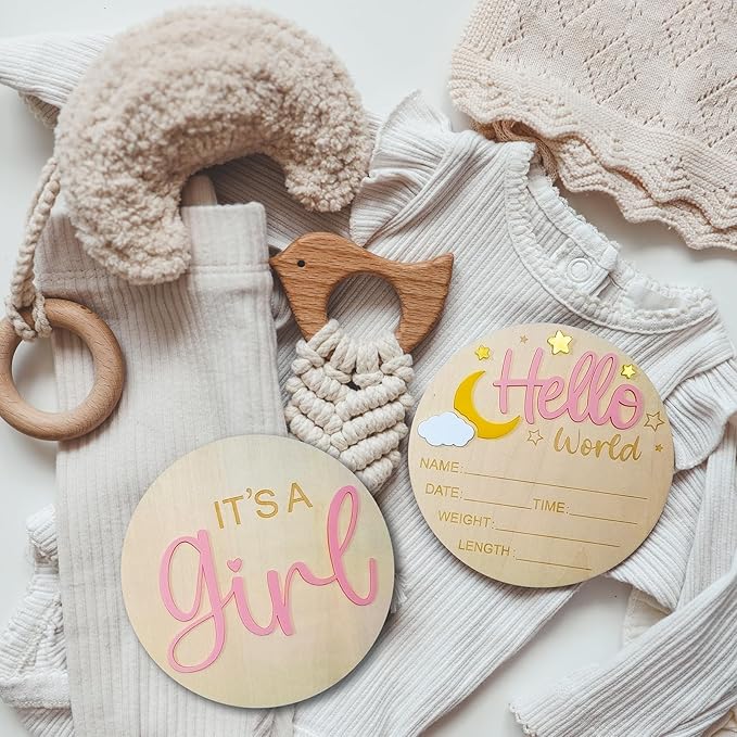 2Pcs Baby Announcement Sign Set, 5.9 Inch Hello World Newborn Sign and IT’S A Girl Welcome Signs, Baby Name Sign with Ink Pad for Hand & Footprints, 3D Wooden Birth Gifts for Hospital Shower Nursery